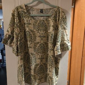 SHEIN Cream Blouse with Green Damask Print and Ruffle Sleeves